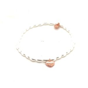 Pura Vida White Pearl Stretch Bracelet Rose Gold Heart Charm Logo Tag Women